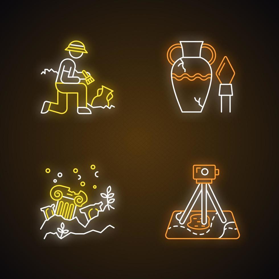 Archeology neon light icons set. Excavation and research. Ancient artifact. Lost cities. Column ruins. Field survey. Historical discoveries. Glowing signs. Vector isolated illustrations