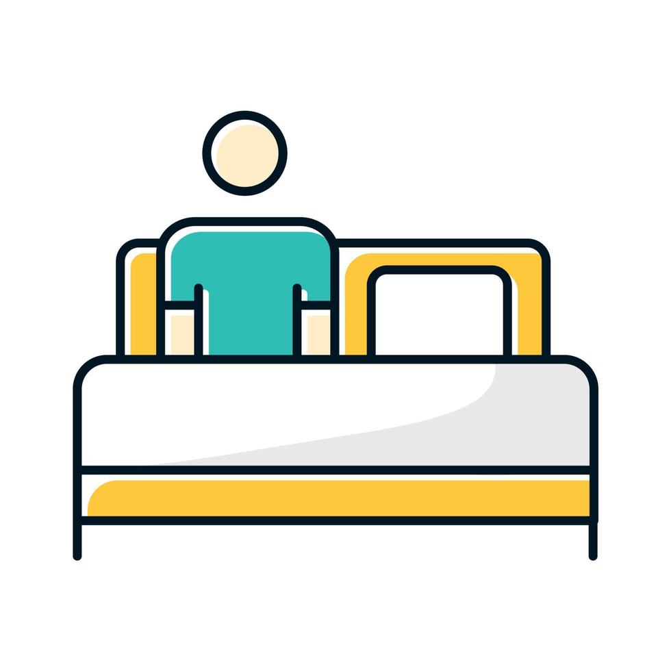Bed rest color icon. Man relaxing under blanket. Common cold aid. Flu infection help. Influenza virus cure. Healthcare. Leisure and comfort. Person unwell in bedroom. Isolated vector illustration