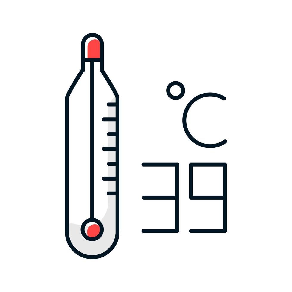 icono de color del termómetro. alta temperatura. 39 grados centígrados. calor corporal. dispositivo médico. síntoma de resfriado común. enfermedad y dolencia. virus de la gripe. gripe, grippe. ilustración vectorial aislada vector