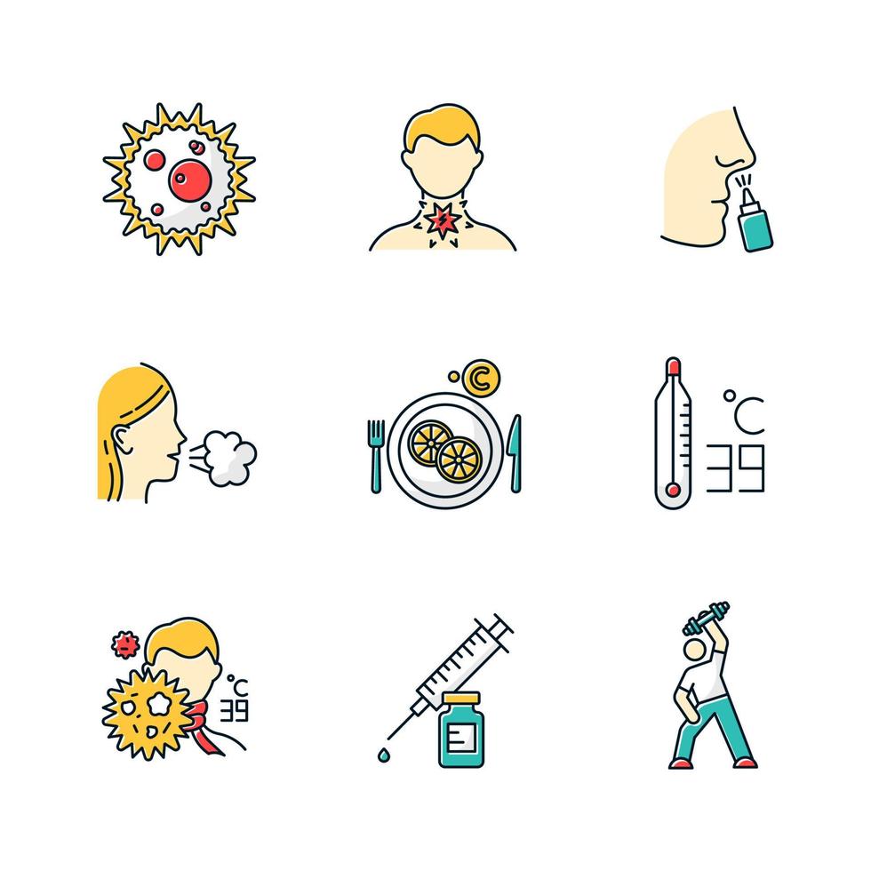 Common cold color icons set. Virus infection. Microbe. Sore throat. Drip nose. Girl cough. Vitamin C. High temperature. Fever symptoms. Syringe with vaccine. Exercise. Isolated vector illustrations