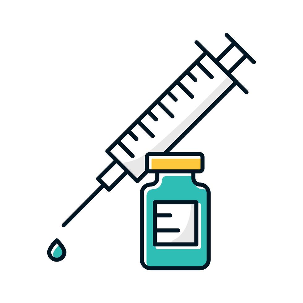 Vaccination color icon. Syringe with vial. Common cold prevention. Immunization shot. Flu and influenza virus precaution. Healthcare. Medication and pharmacy. Isolated vector illustration
