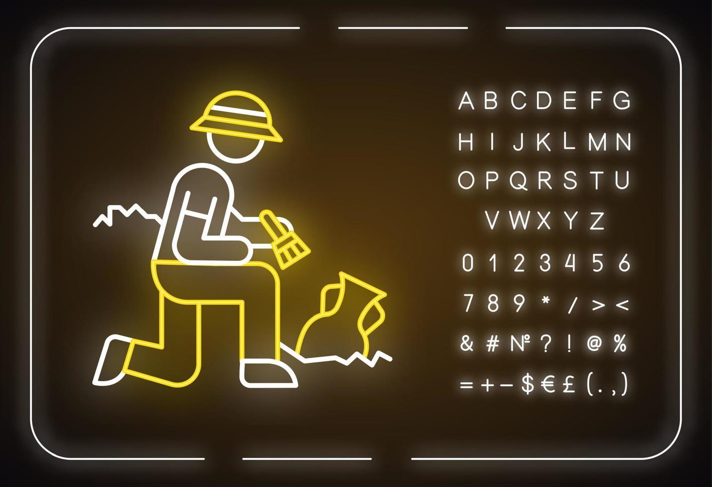 Excavation neon light icon. Archeologist. Researcher. Ancient culture. Man search old treasures. Historian discover vase. Glowing sign with alphabet, numbers and symbols. Vector isolated illustration