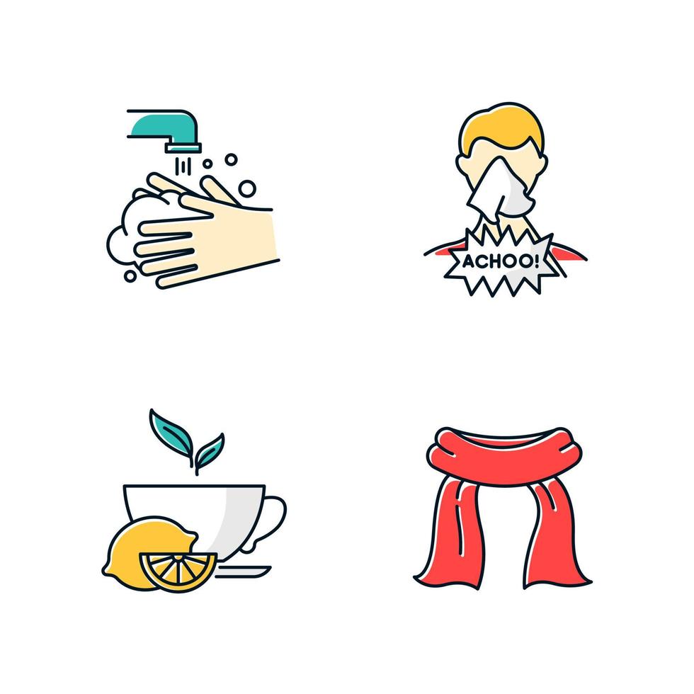 Common cold color icons set. Rinse and wash hands. Hygiene. Man coughing. Lemon tea. Neck red scarf. Healthcare. Flu prevention. Influenza virus cure. Antioxidant drink. Isolated vector illustrations