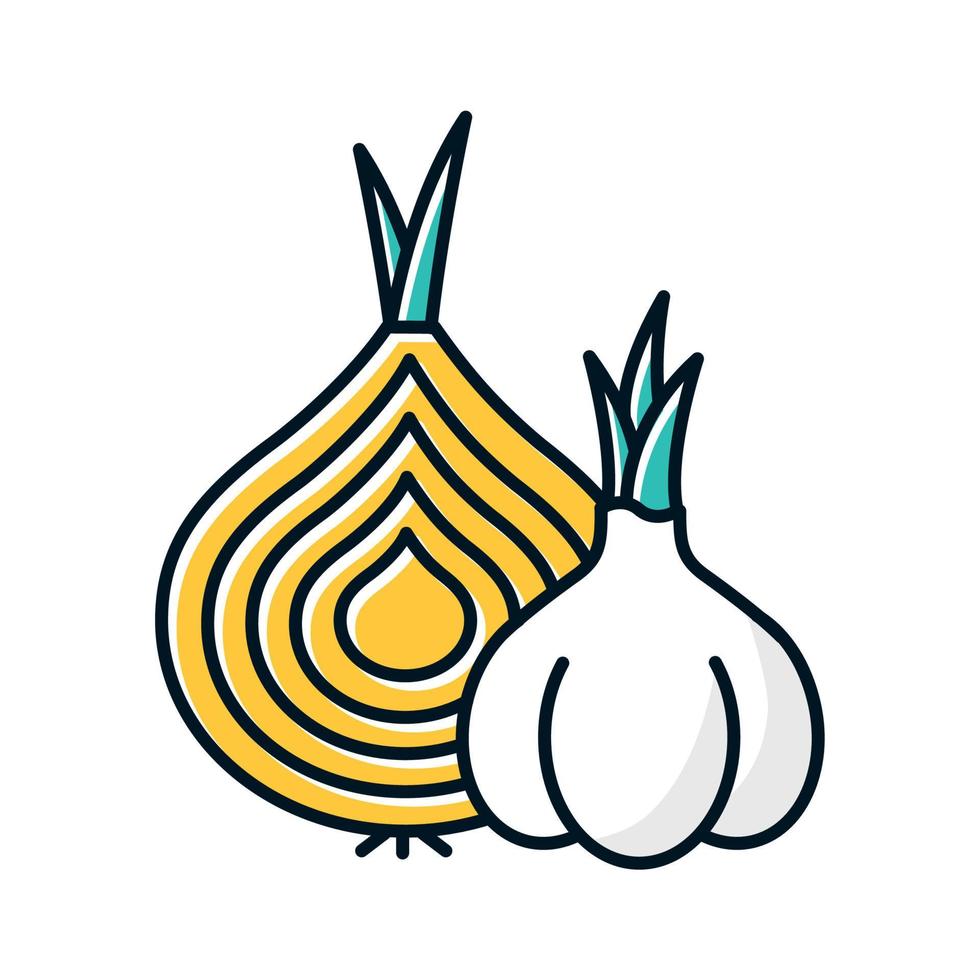 Onion and garlic color icon. Nutrition vegan food. Ripe root. Sliced vegetable. Cut bulbe. Common cold aid. Healthcare. Flu infection, influenza virus cure. Grippe help. Isolated vector illustration