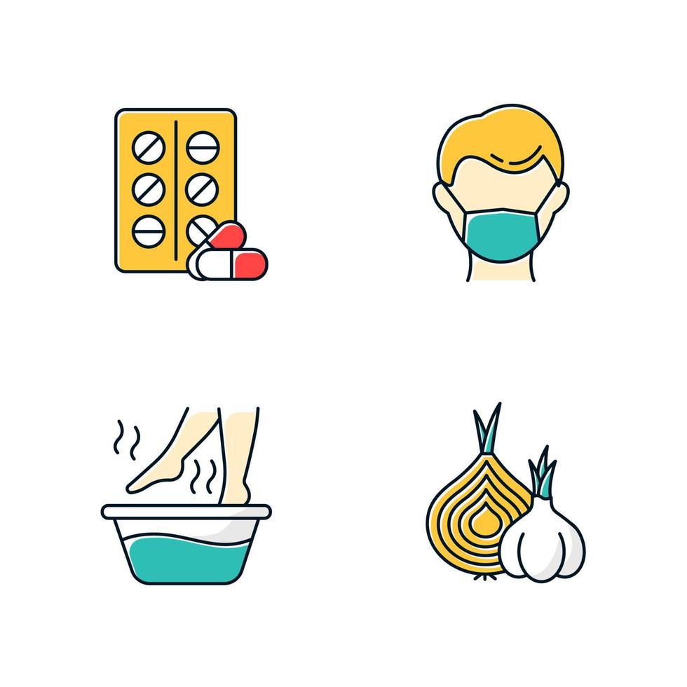 Common cold color icons set. Pills and medication. Protection mask. Hot foot tub. Onion and garlic. Healthcare and medicine. Influenza virus cure and aid. Flu precaution. Isolated vector illustrations