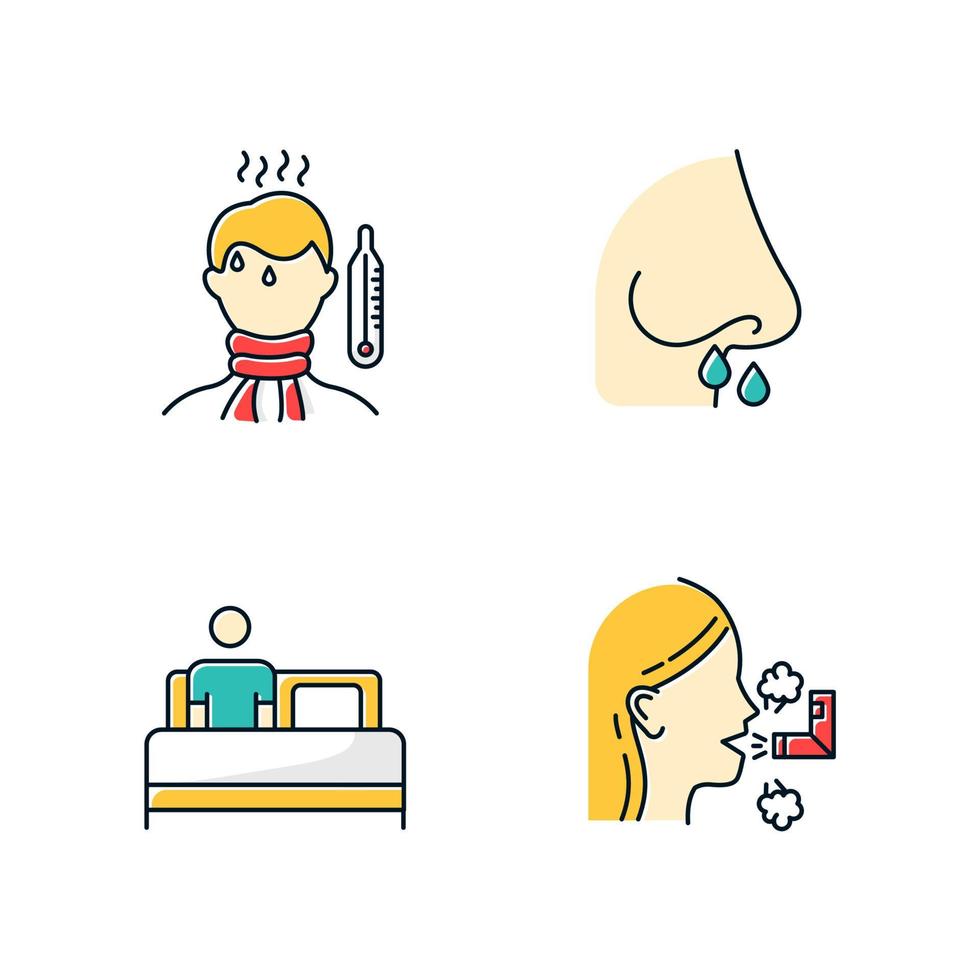 Common cold color icons set. Fever and high temperature. Drip nose. Nasal sickness. Bed rest and relaxation. Inhalation. Healthcare and medicine. Influenza virus. Isolated vector illustrations
