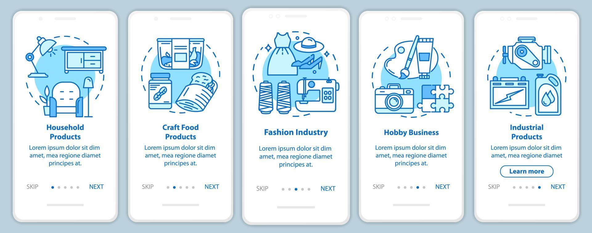 Local production onboarding mobile app page screen, linear concepts. Hobby business. Household products. Five walkthrough steps graphic instructions. UX, UI, GUI vector template with illustrations