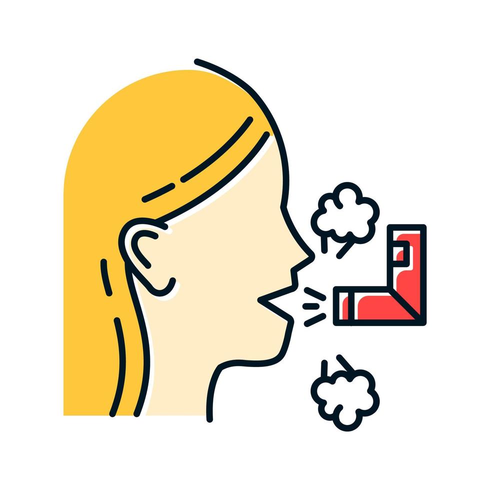 Inhalation color icon. Respiratory illness treatment. Illness aid. Asthma help. Breathing problem cure. Sick girl with sprayer. Healthcare. Common cold. Isolated vector illustration