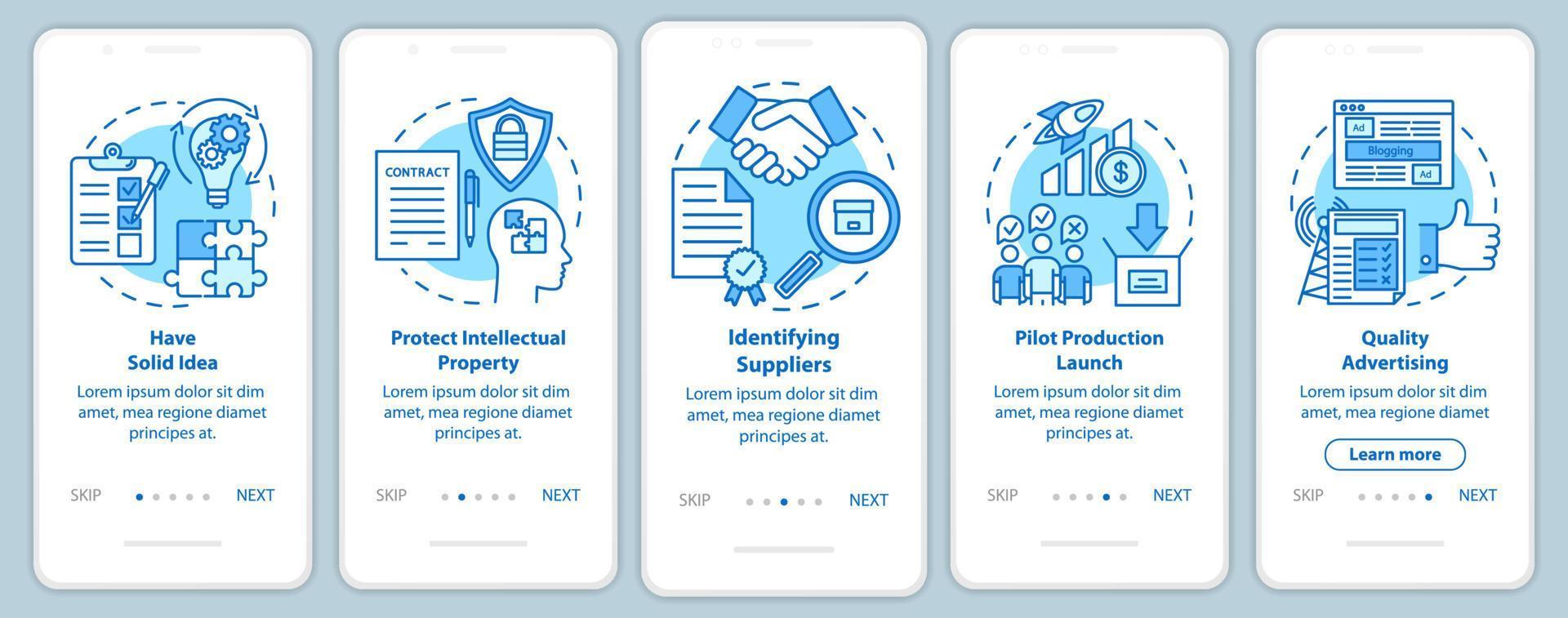 Start local production onboarding mobile app page screen, linear concepts. Identifying suppliers. Have solid idea. Five walkthrough steps graphic instruction. UX, UI, GUI vector template, illustration