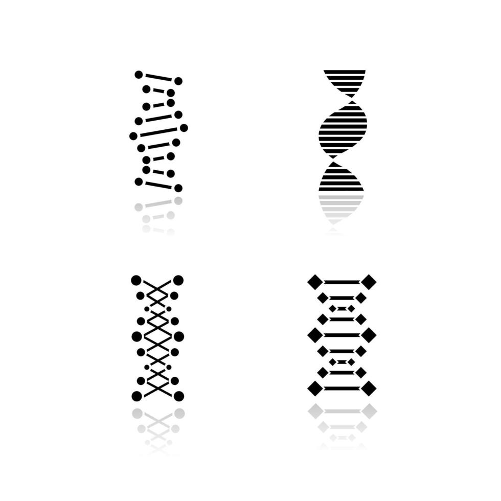 Las cadenas de adn caen los iconos de glifos negros de sombra. desoxirribonucleico, hélice de ácido nucleico. hebras en espiral. cromosoma. Biología Molecular. codigo genetico. genoma. genética. ilustraciones vectoriales aisladas vector