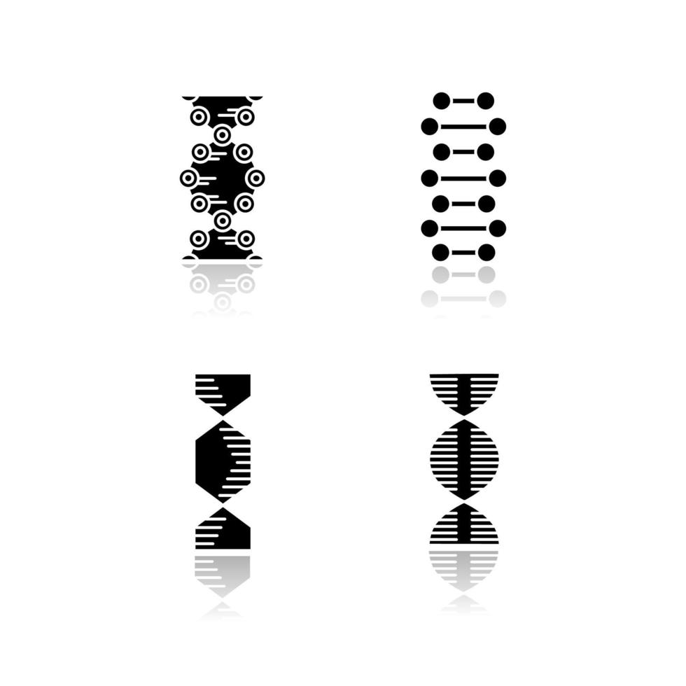 DNA spiral chains drop shadow black glyph icons set. Deoxyribonucleic, nucleic acid helix. Spiraling strands. Chromosome. Molecular biology. Genetic code. Genetics. Isolated vector illustrations