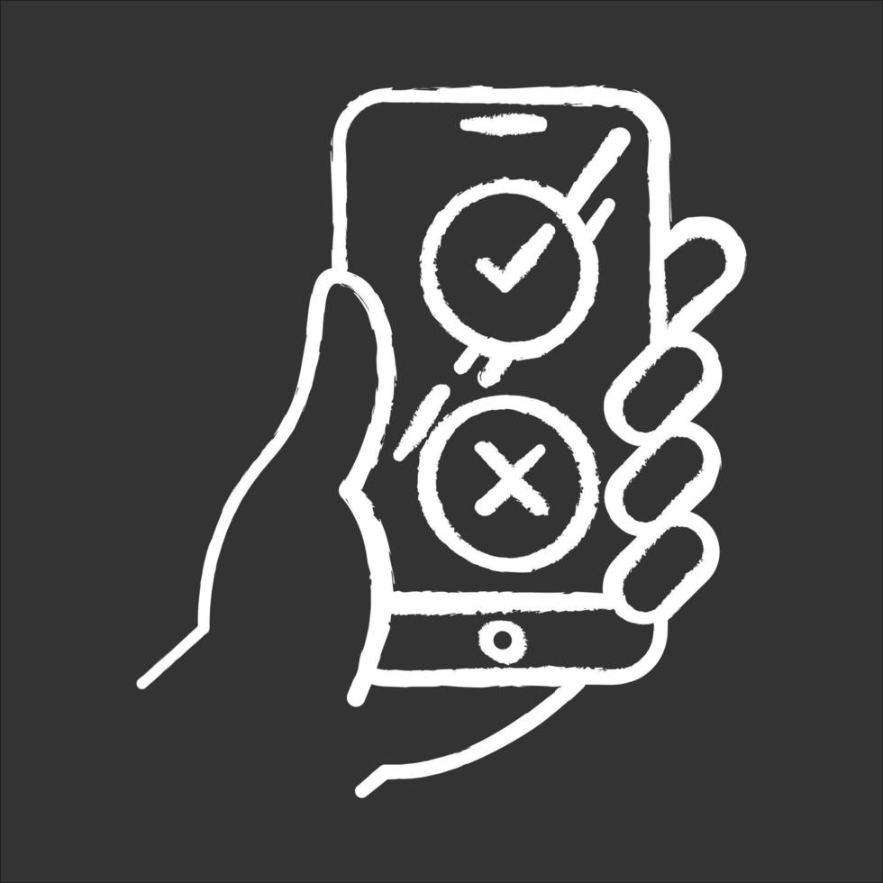 Online survey chalk icon. Checklist buttons on smartphone screen. Agree, disagree option. Share opinion. Correct and incorrect. Choose approve and disapprove. Isolated vector chalkboard illustration