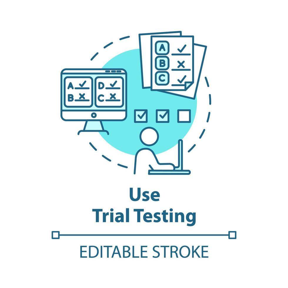 Use trial testing concept icon. Passing online test. Check knowledge and level of training. Entrance examination idea thin line illustration. Vector isolated outline drawing. Editable stroke
