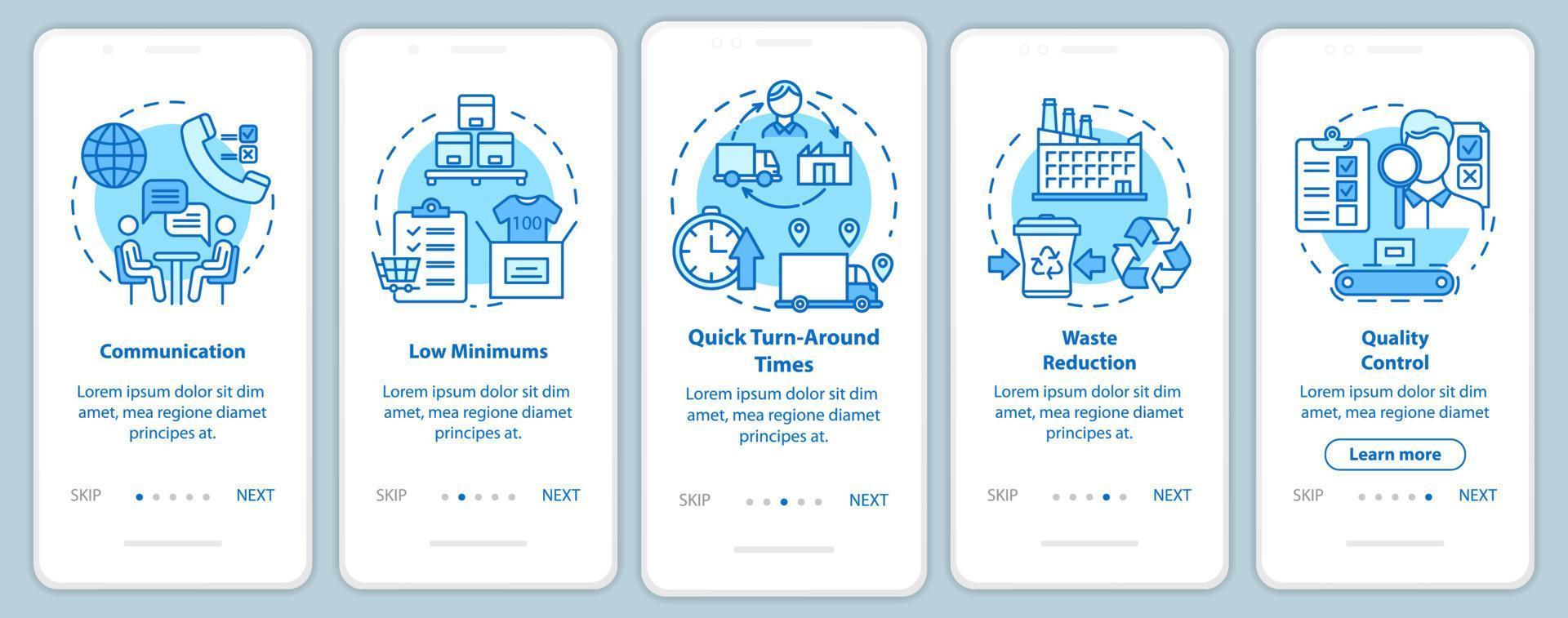 Advantages of local production onboarding mobile app page screen with linear concepts. Five walkthrough steps graphic instructions. Communication. UX, UI, GUI vector template with illustrations