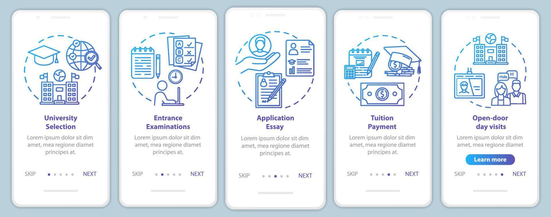 University entrance onboarding mobile app page screen vector template. Tuition payment. Essay, exam. Walkthrough website steps with linear illustrations. UX, UI, GUI smartphone interface concept