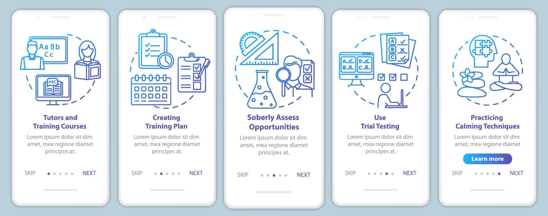 University entrance onboarding mobile app page screen vector template. Tutors and courses. Walkthrough website steps with linear illustrations. UX, UI, GUI smartphone interface concept