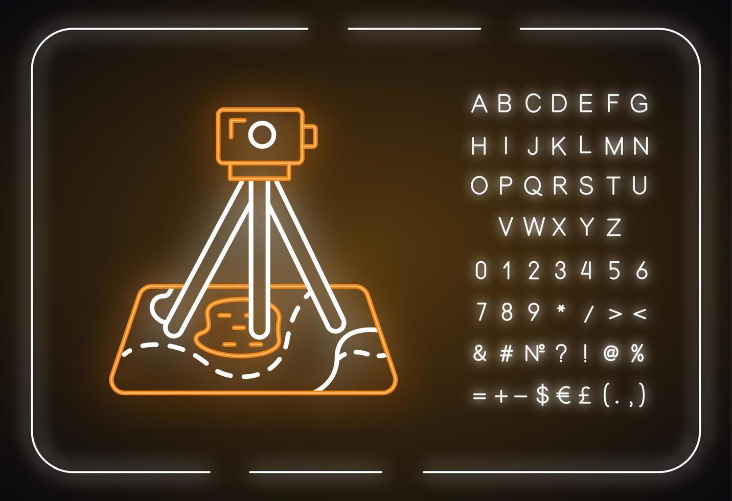 icono de luz de neón de estudio de campo. investigar. examen arqueológico. herramienta digital en el mapa. recopilación de datos topográficos. signo brillante con alfabeto, números y símbolos. vector ilustración aislada