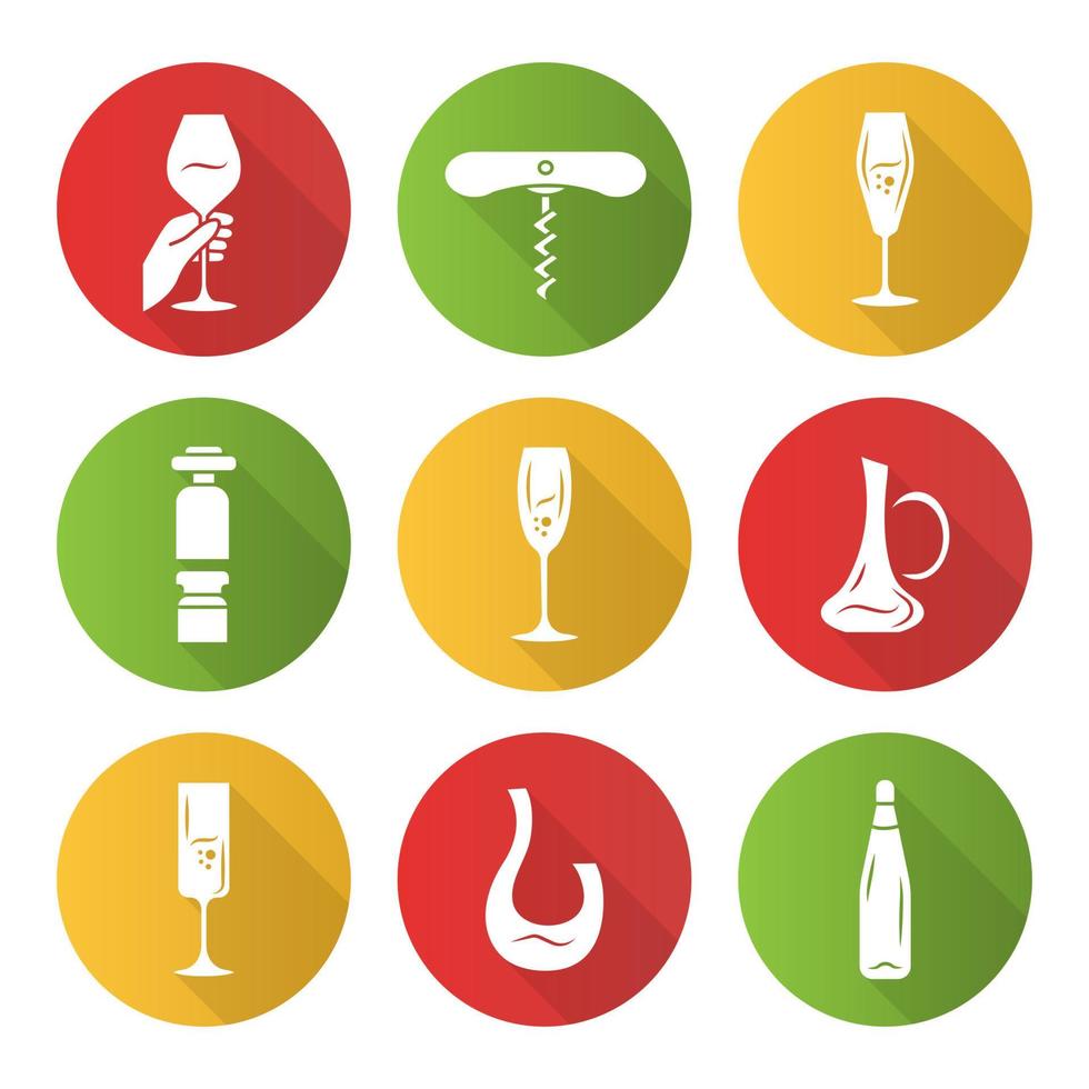 Sommelier tools flat design long shadow glyph icons set. Barman equipment. Corkscrew, wine preserver, decanters. Winery, pub, restaurant bar glassware and tableware. Vector silhouette illustration