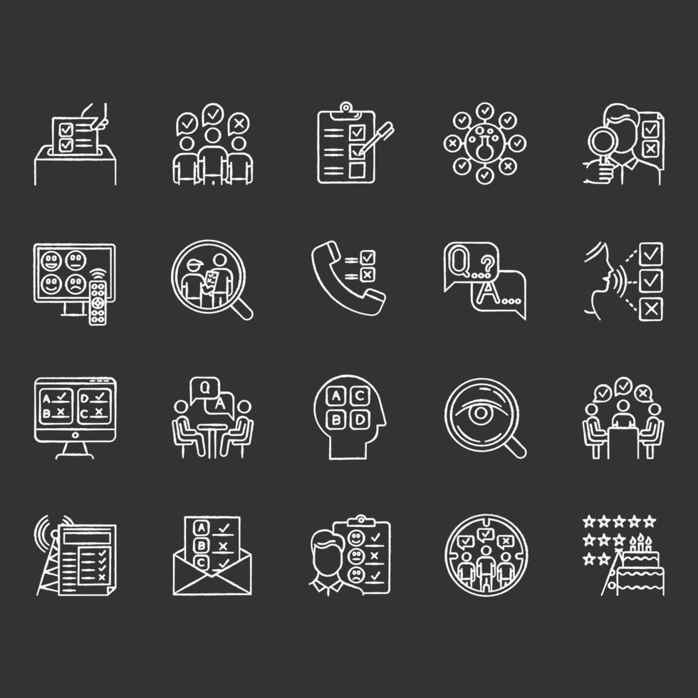 Survey methods chalk icons set. Interview. Online, telephone poll. Rating. Public opinion. Customer review. Feedback. Evaluation. Sociology. Data collection. Isolated vector chalkboard illustrations