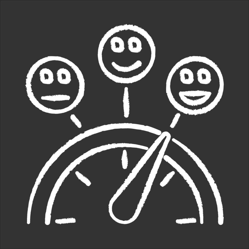 Satisfaction level chalk icon. Good, neutral and bad experience. Emotion meter. Positive and negative. Scale with emoticons. Score with pointer. Quality gauge. Isolated vector chalkboard illustration