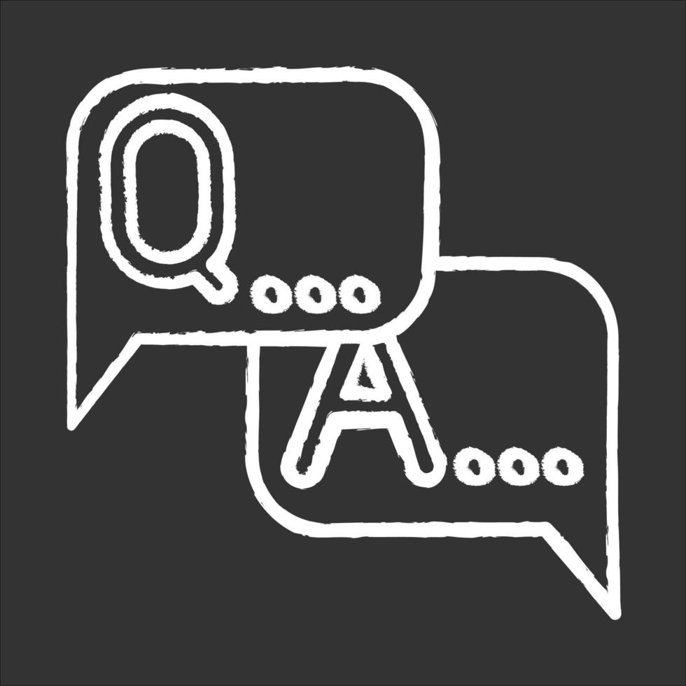 Survey chalk icon. Questions, answers. FAQ sign. Speech bubbles. Dialogue through message. Online chat. Conversation, discussion. Ask for info, data collection. Isolated vector chalkboard illustration