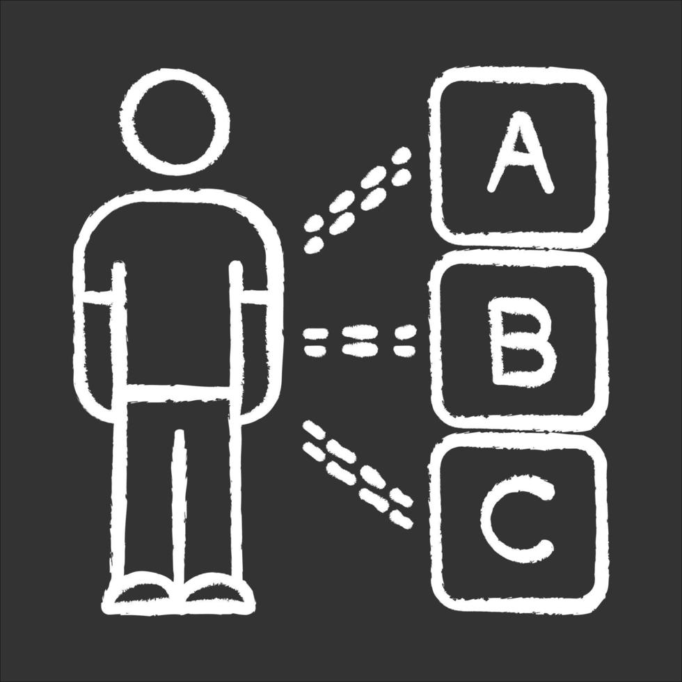 Personal survey chalk icon. Multiple choices. Select option. Question and answer. Psychological test. Client interview. Personality evaluation. Checklist. Isolated vector chalkboard illustration