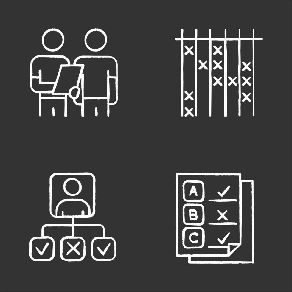 Survey chalk icons set. Interview, questioning. Checklist mark. Info analysis. Personal profile. Questionnaire, written test. Check list, select option. Isolated vector chalkboard illustrations