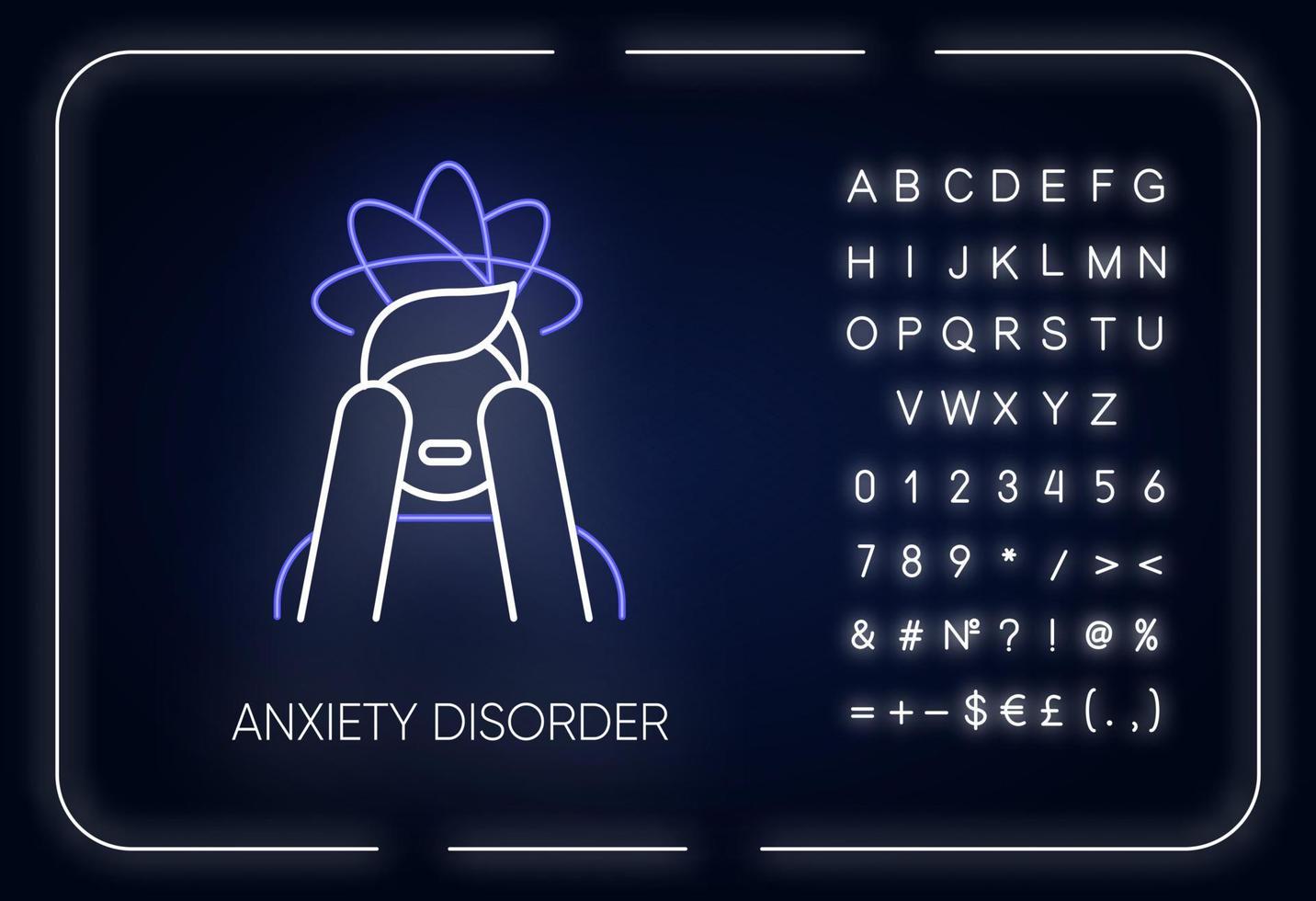 Anxiety disorder neon light icon. Fear and worry. Depressed man. Headache and migraine. Confused thoughts. Mental problem. Glowing sign with alphabet, numbers and symbols. Vector isolated illustration