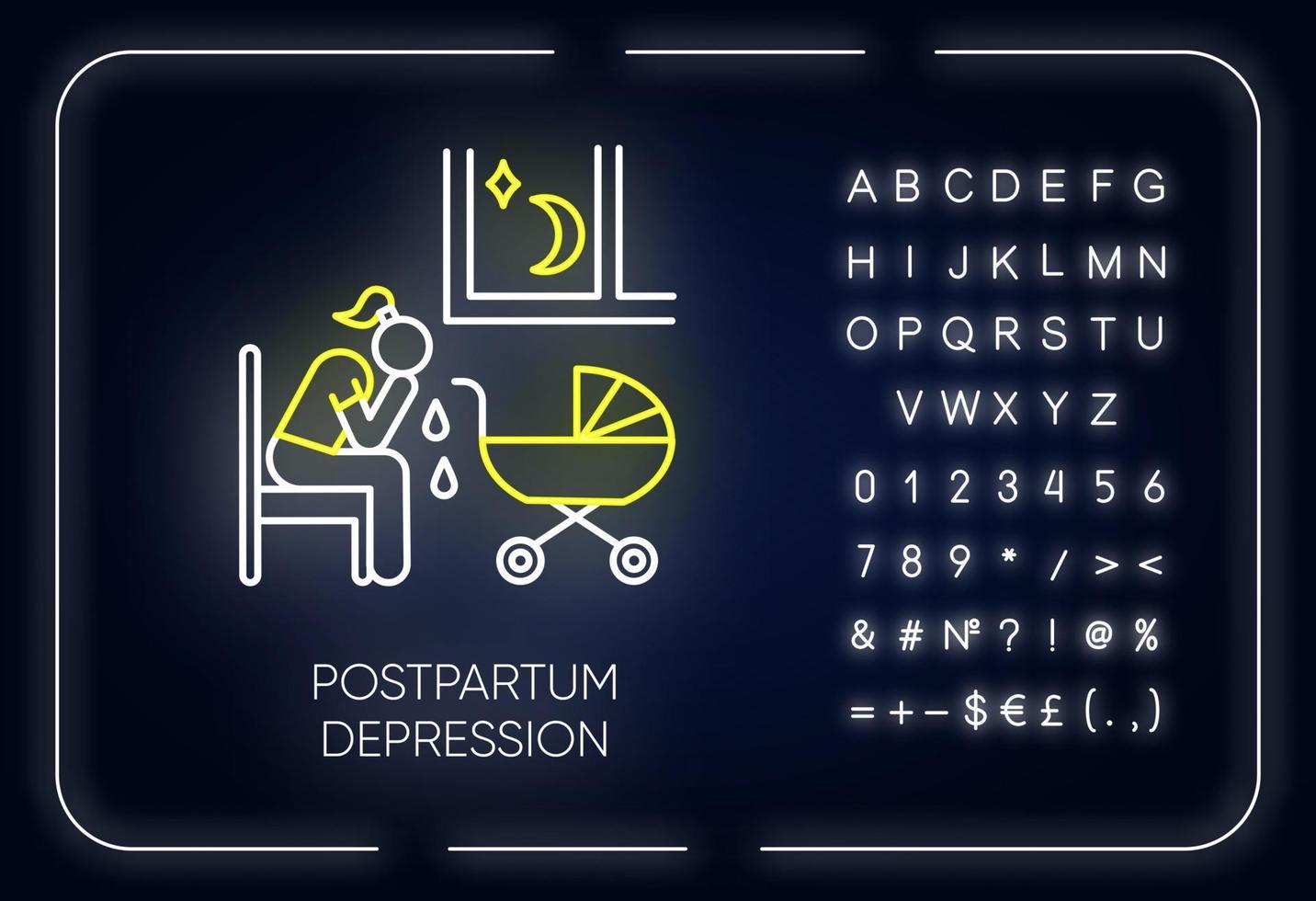 Postpartum depression neon light icon. Crying woman. Delivering infant. Tired mother. Mental problem. Postnatal anxiety. Glowing sign with alphabet, numbers and symbols. Vector isolated illustration