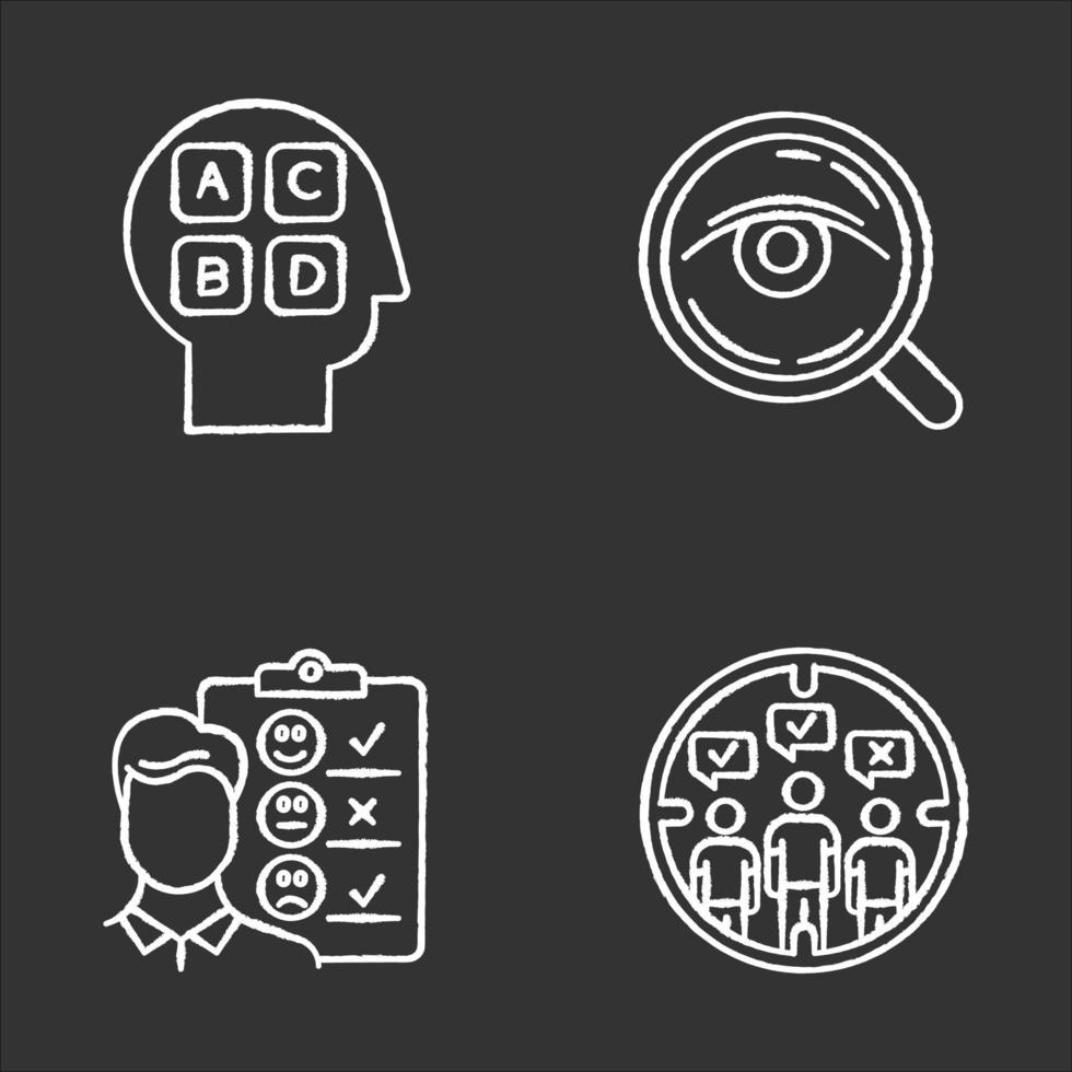 Survey methods chalk icons set. Analysis. Interview. Emotional opinion. Target population. Public opinion. Personality test. Customer review. Feedback. Isolated vector chalkboard illustrations