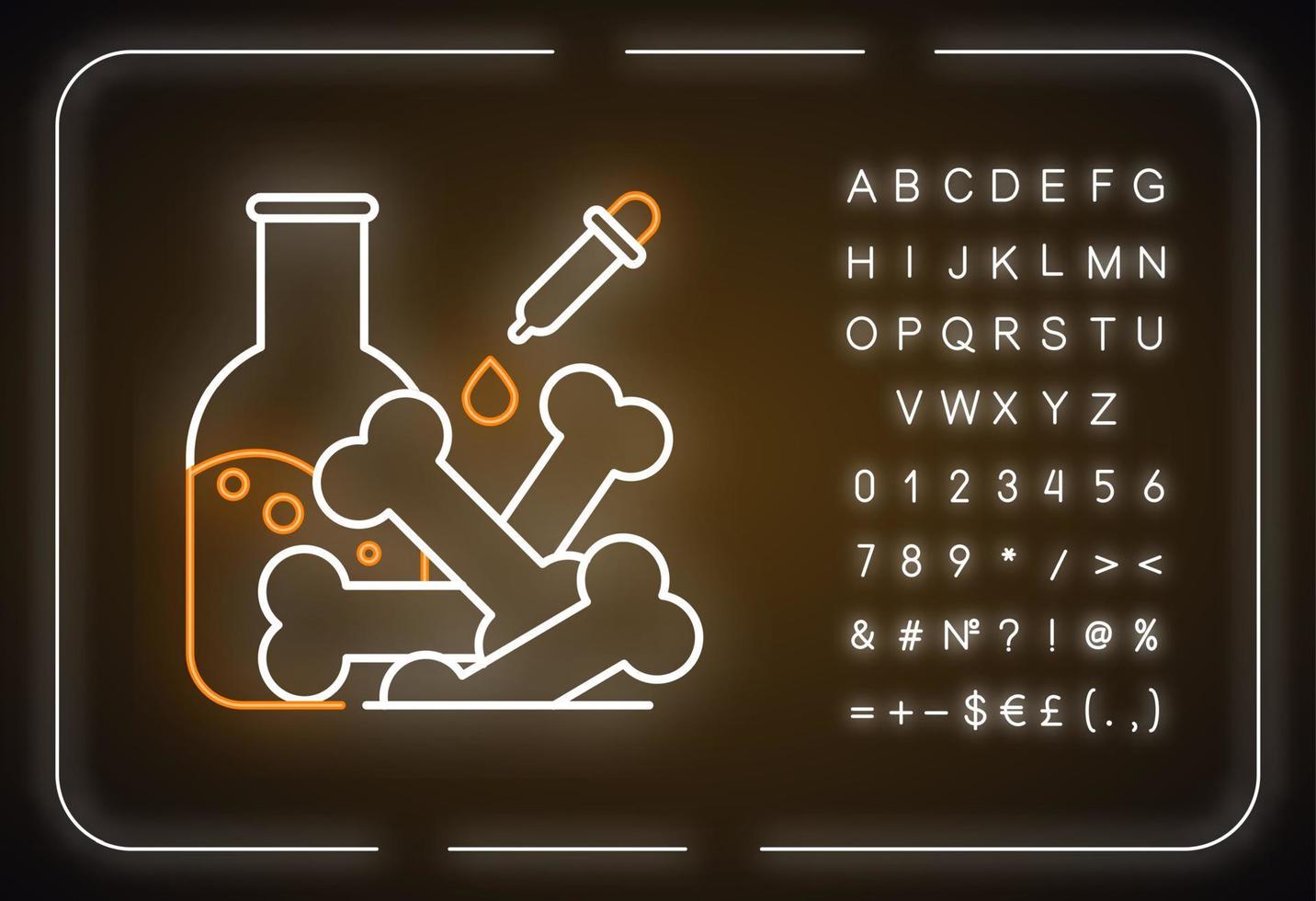 Laboratory analysis neon light icon. Archeological discoveries. Ancient bones. Lab examination. Paleontology. Glowing sign with alphabet, numbers and symbols. Vector isolated illustration