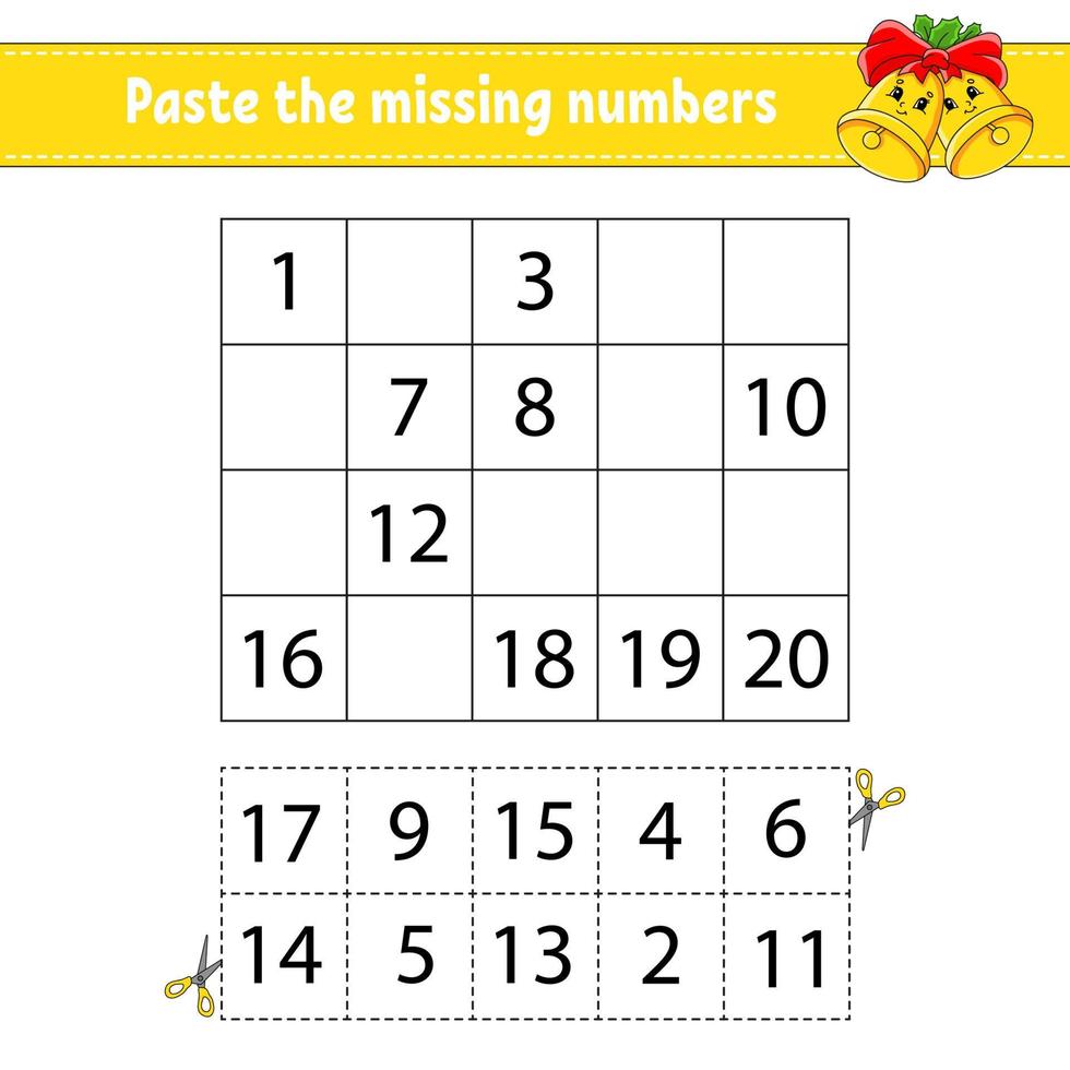 paste the missing numbers 1 20 game for children handwriting practice learning numbers for kids education developing worksheet activity page isolated vector illustration in cute cartoon style 4191742 vector art at vecteezy