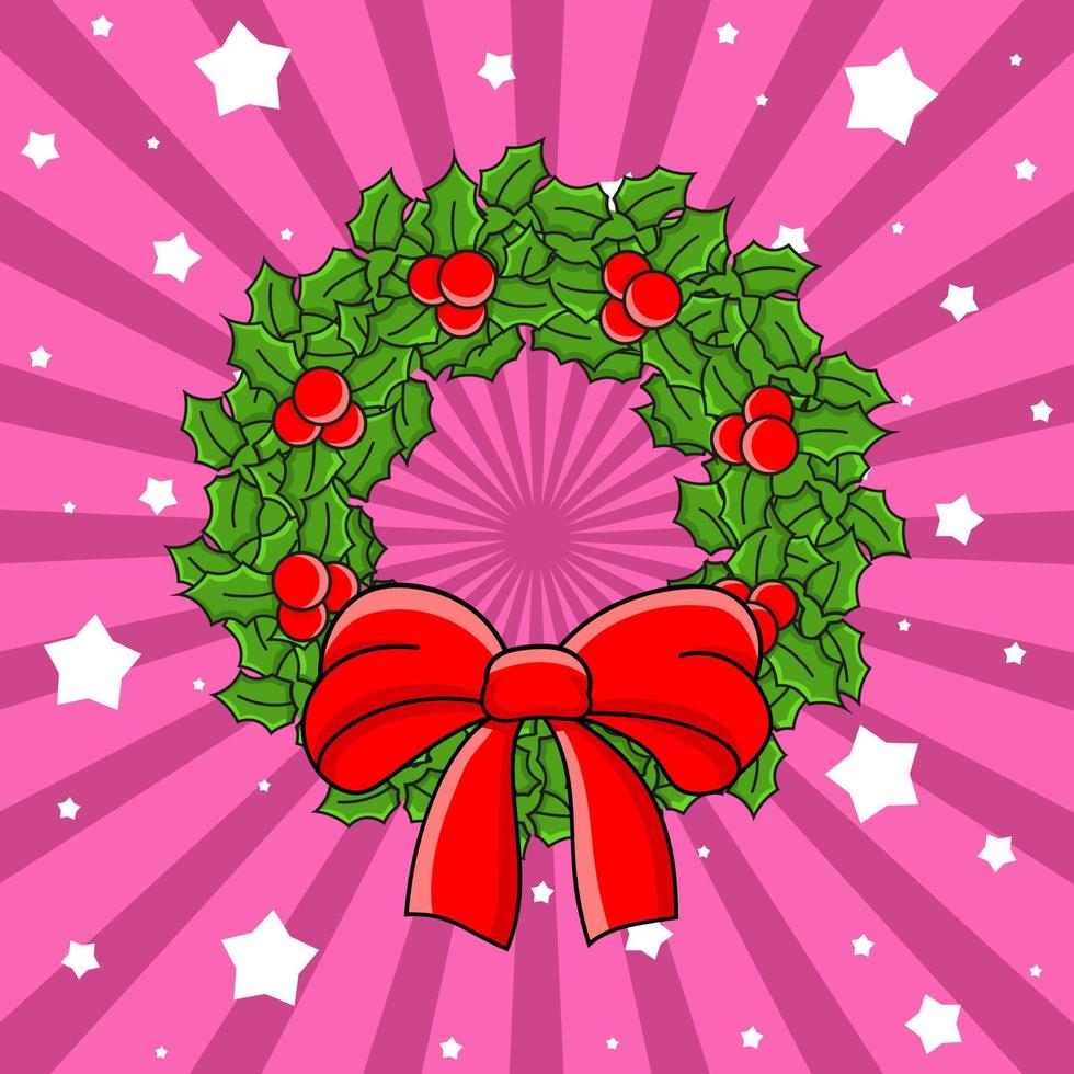 Christmas wreath. Cute cartoon character. Colorful vector illustration. Isolated on color background. Template for your design.