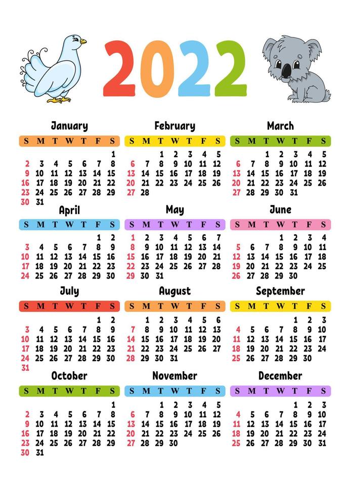 Calendar for 2022 with a cute character. Fun and bright design. Isolated color vector illustration. cartoon style.