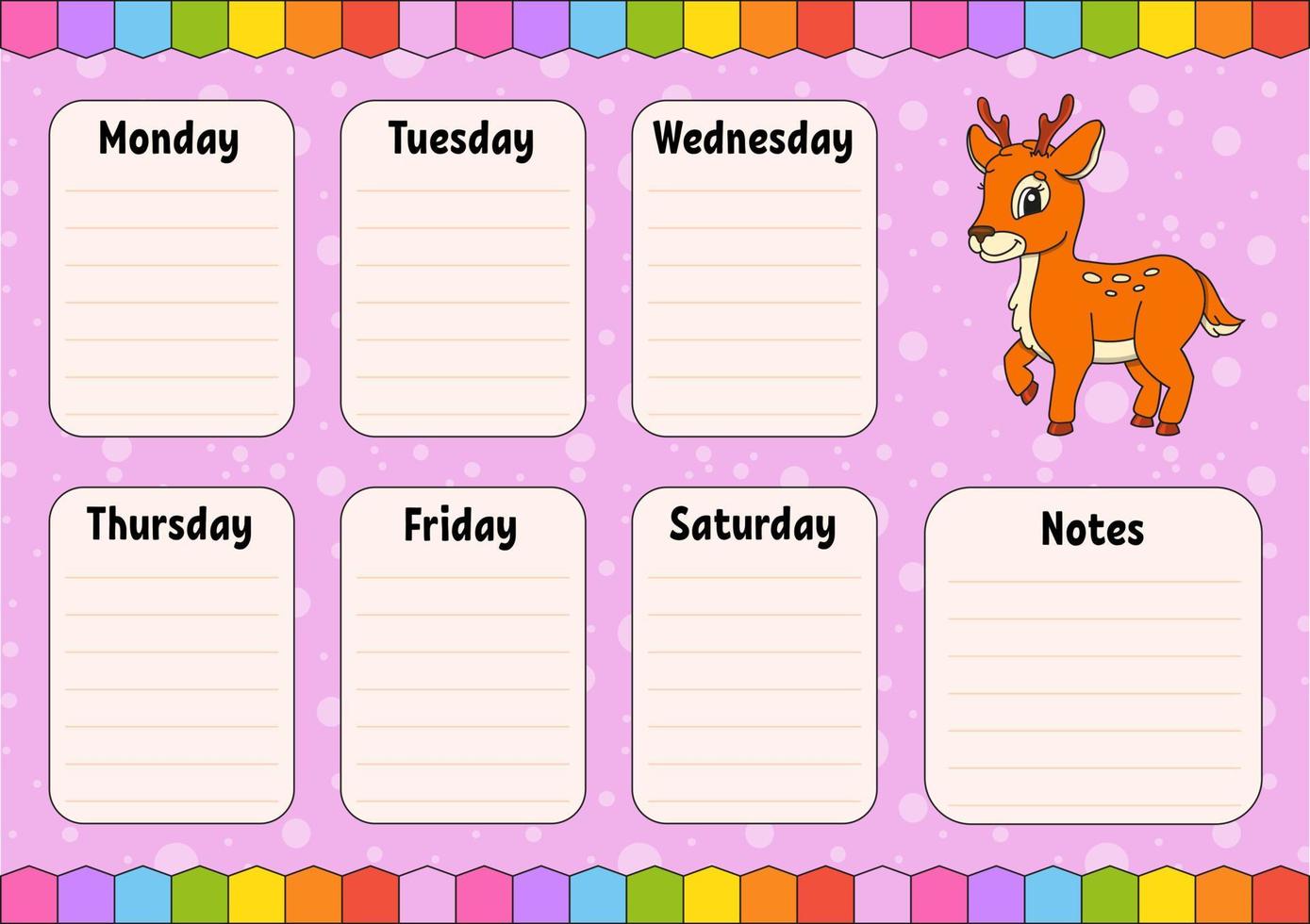 School schedule. Timetable for schoolboys. Empty template. Weekly planer with notes. Isolated color vector illustration. cartoon character.