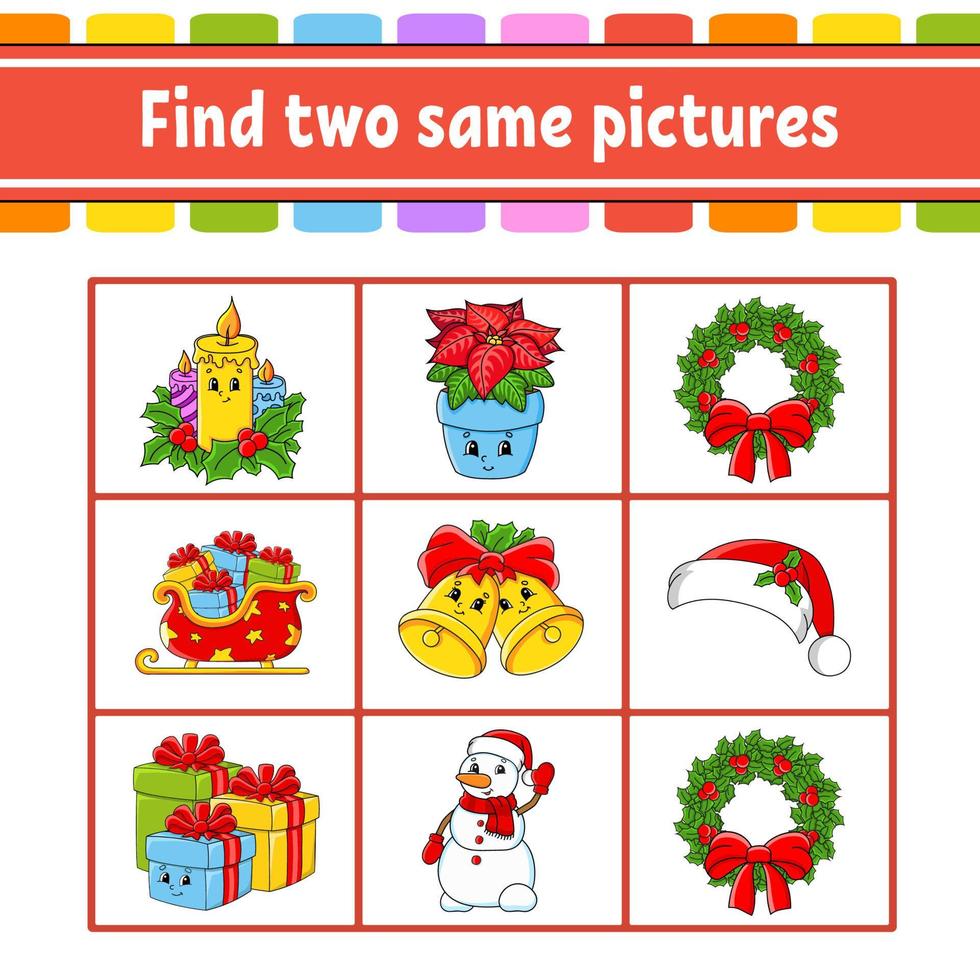Find two same pictures. Task for kids. Education developing worksheet. Activity page. Color game for children. Funny character. Isolated vector illustration. cartoon style. Christmas theme.