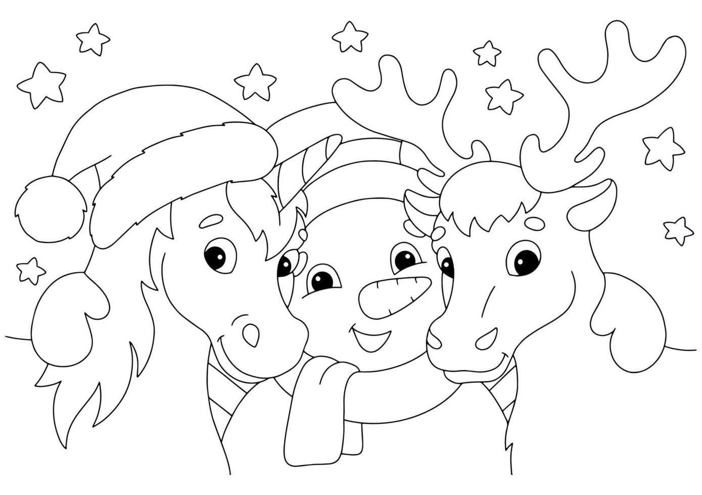 unicornio, ciervo y muñeco de nieve para navidad. página de libro para colorear para niños. personaje de estilo de dibujos animados. ilustración vectorial aislado sobre fondo blanco. vector