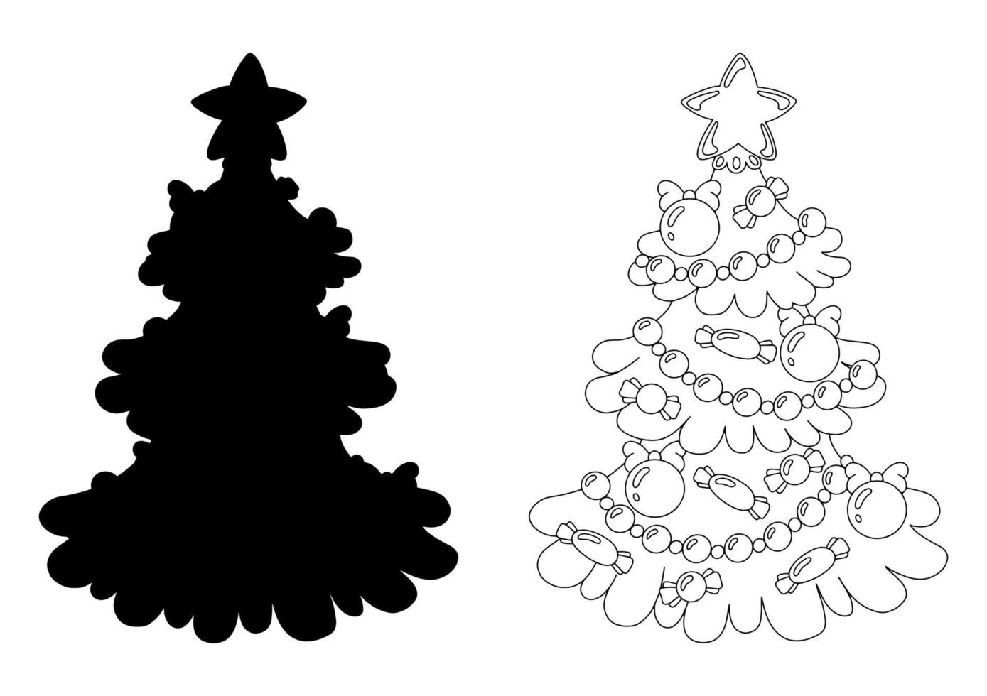 Black silhouette Christmas tree. Design element. Vector illustration isolated on white background. Template for books, stickers, posters, cards, clothes.