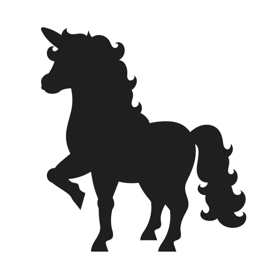 lindo unicornio. caballo de hadas mágico. silueta negra. elemento de diseño. ilustración vectorial aislado sobre fondo blanco. plantilla para libros, pegatinas, carteles, tarjetas, ropa. vector