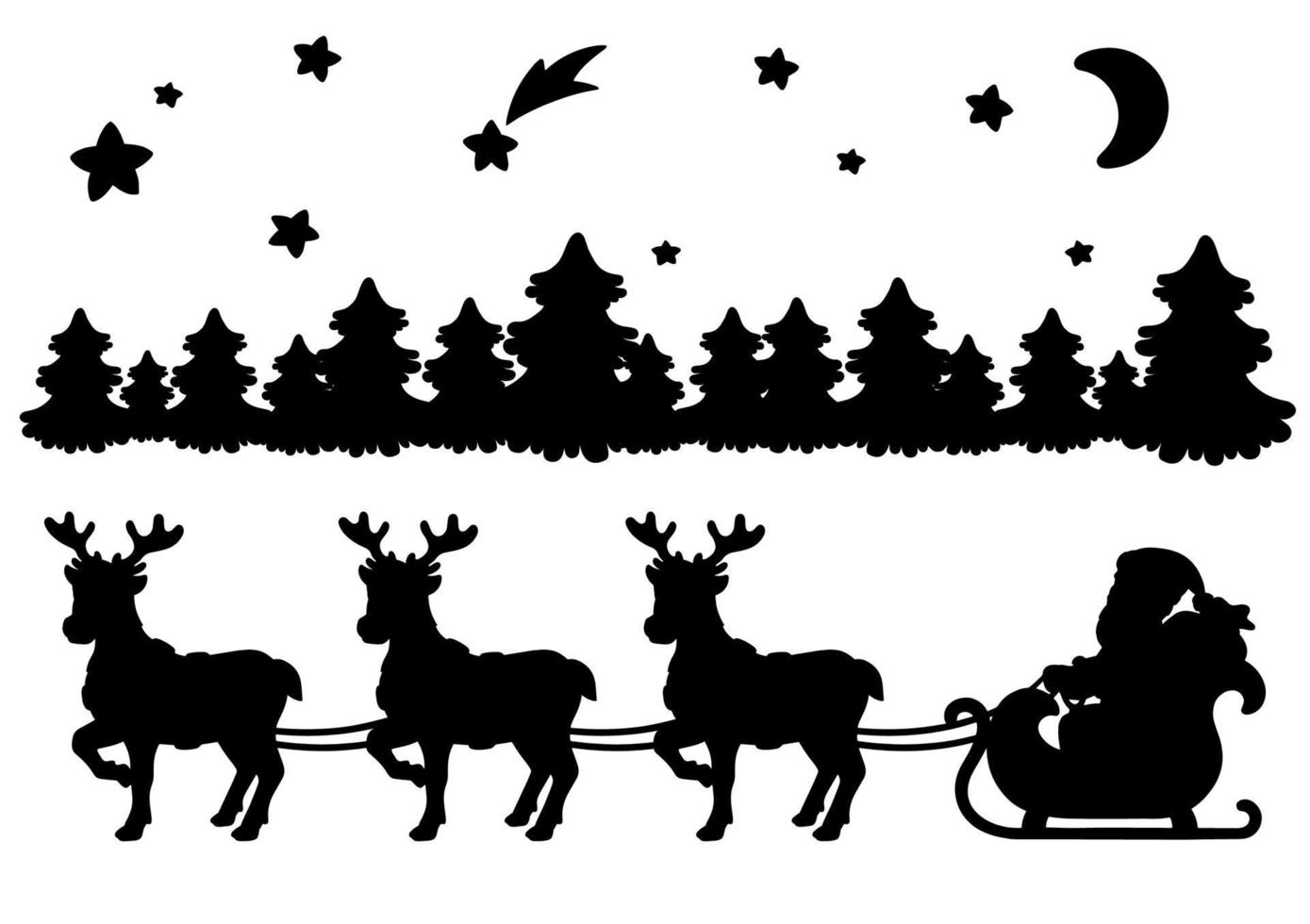 Santa Claus carries Christmas presents on a reindeer sleigh. Black silhouette. Design element. Vector illustration isolated on white background. Winter forest.
