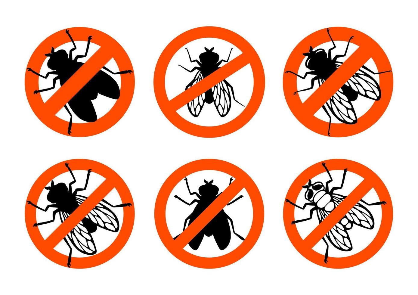 Fly insect. Prohibition sign. Black silhouette. Design element. Vector illustration isolated on white background. Template for repellent.