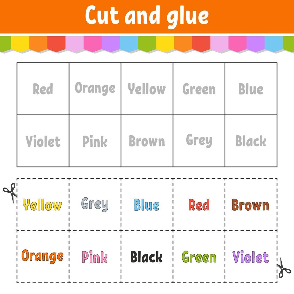 Cut and glue. Learning color games for preschool. Activity worksheet for kids. Game for children. Cartoon character. Vector illustration.