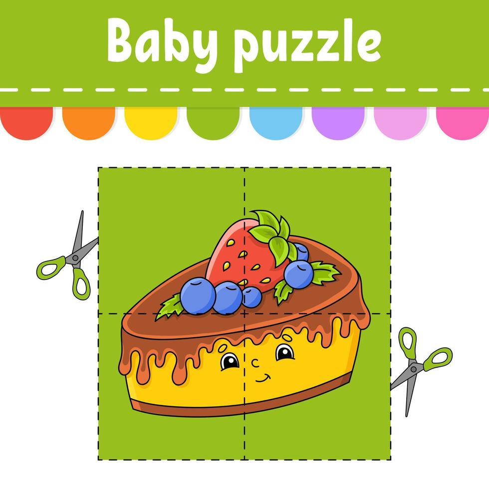 Baby puzzle. Easy level. Flash cards. Cut and play. Color activity worksheet. Game for children. Cartoon character. vector