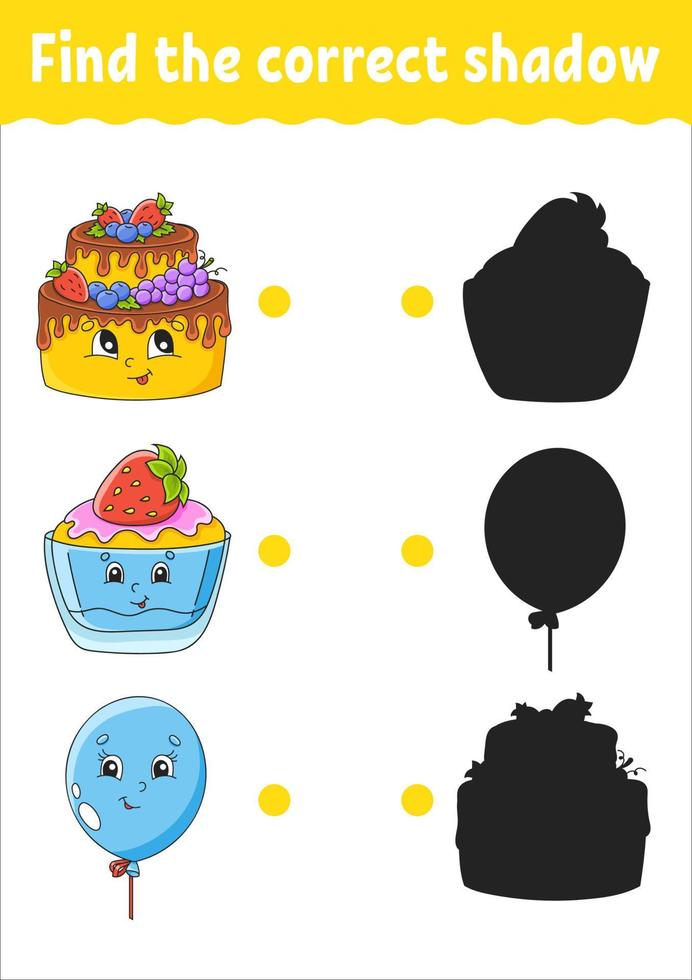 Find the correct shadow. Education developing worksheet. Matching game for kids. Color activity page. Birthday theme. Cute character. Vector illustration. Cartoon style.