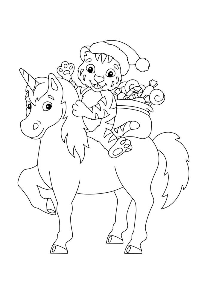 A tiger cub riding a unicorn carries gifts. Coloring book page for kids ...