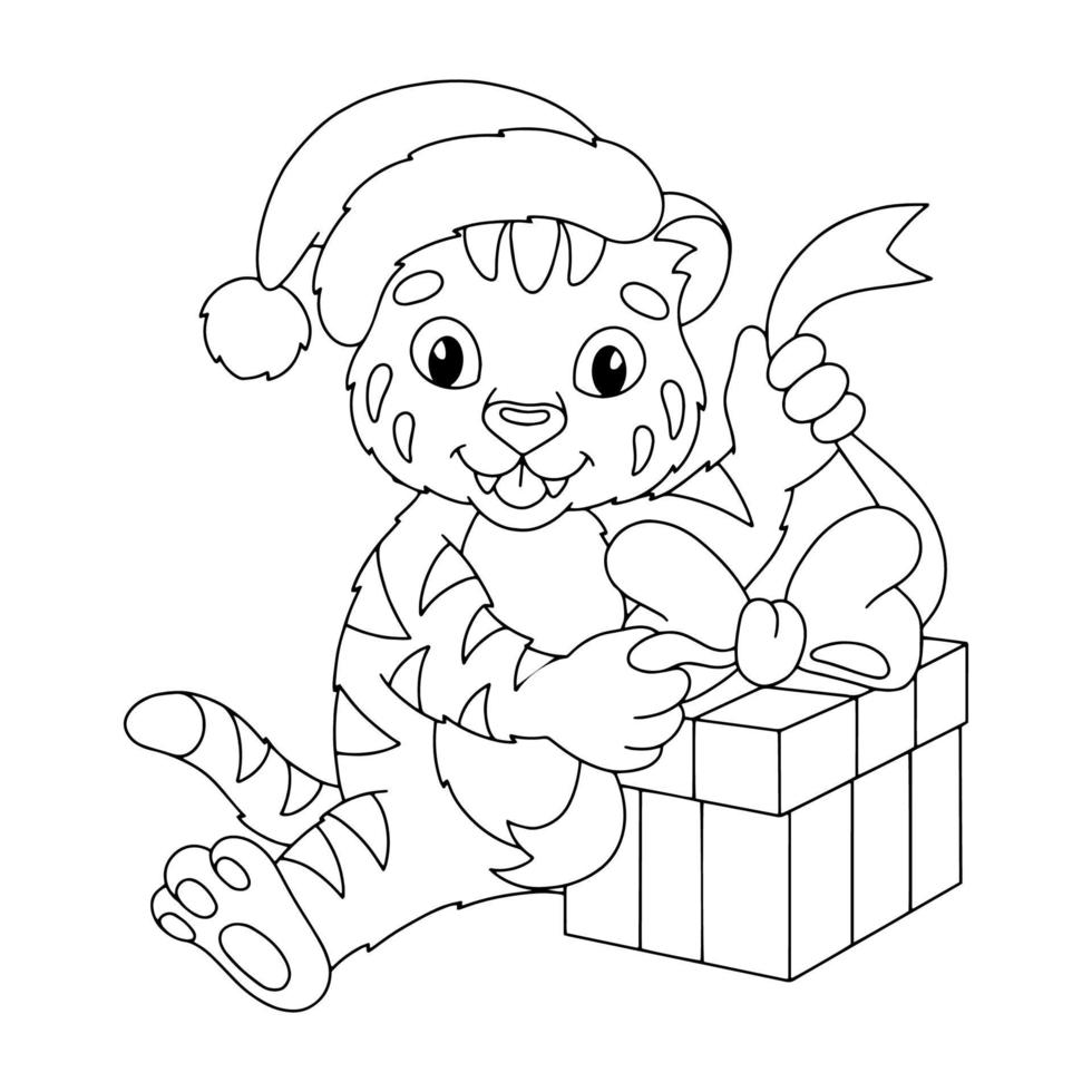 Cute tiger cub in a Christmas hat. Coloring book page for kids. Cartoon style character. Vector illustration isolated on white background.