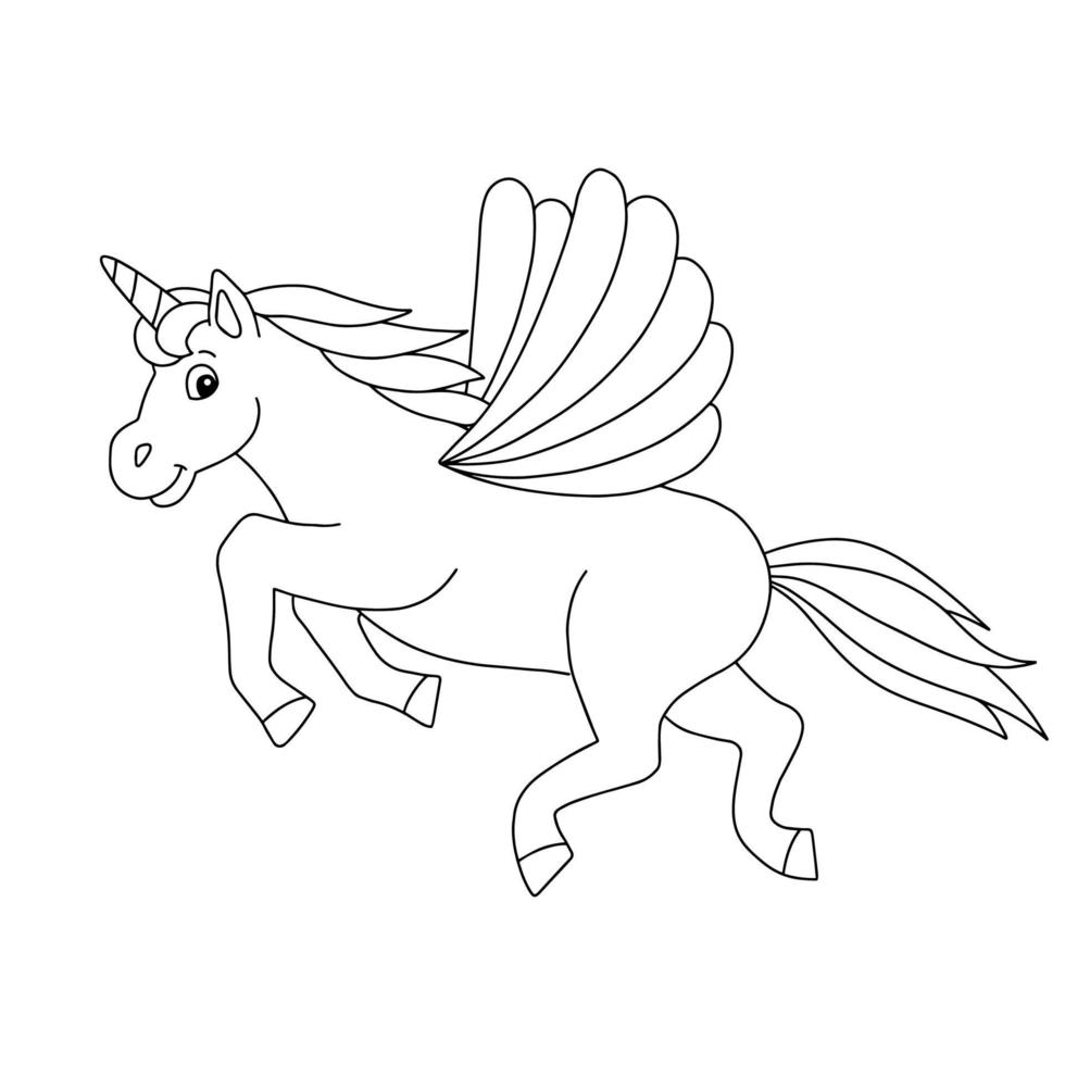 Cute unicorn with wings. Magic fairy horse. Coloring book page for kids. Cartoon style character. Vector illustration isolated on white background.