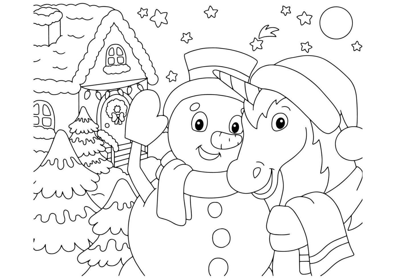 un unicornio mágico y un muñeco de nieve celebran juntos el año nuevo. página de libro para colorear para niños. personaje de estilo de dibujos animados. ilustración vectorial aislado sobre fondo blanco. vector