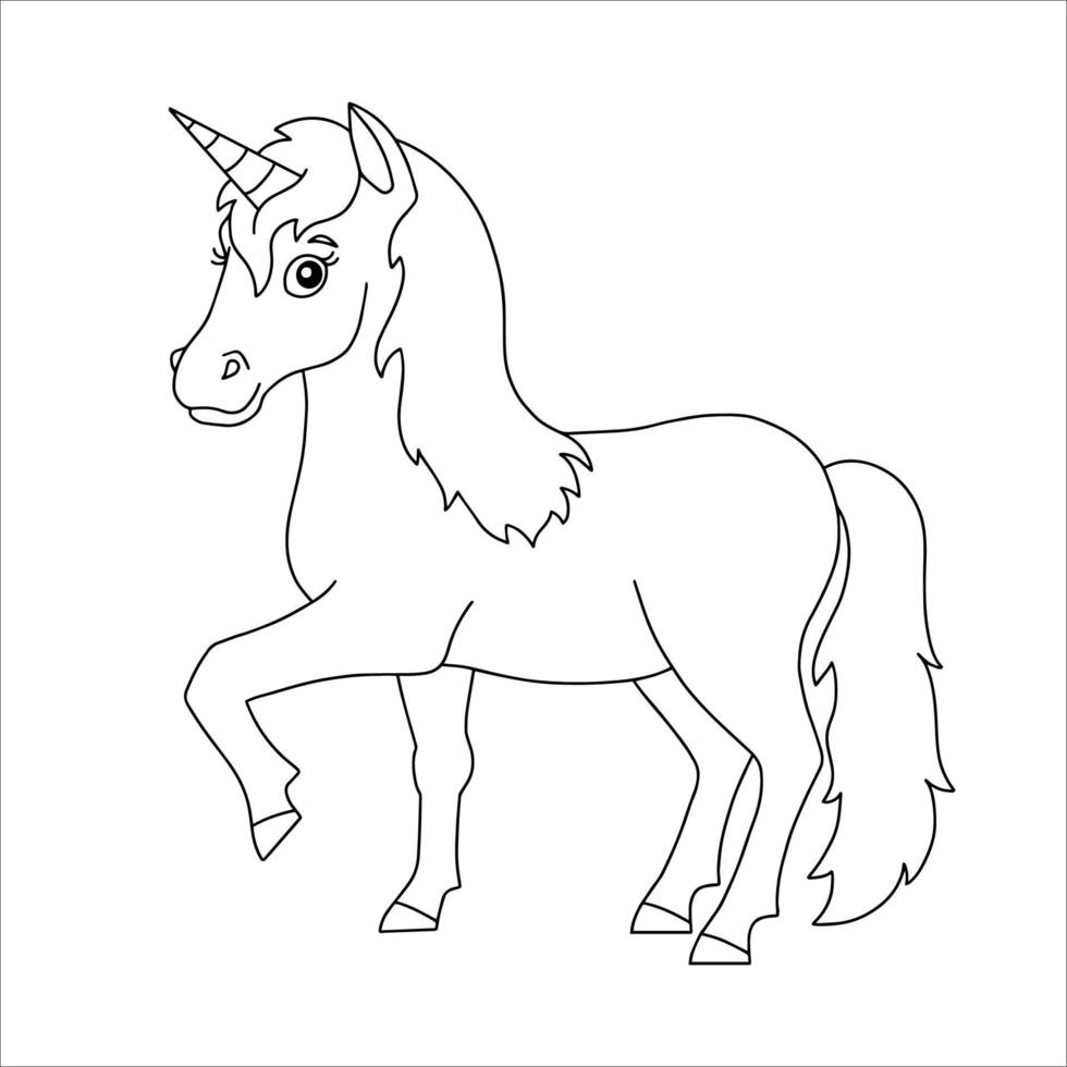 Cute unicorn. Magic fairy horse. Coloring book page for kids. Cartoon style. Vector illustration isolated on white background.