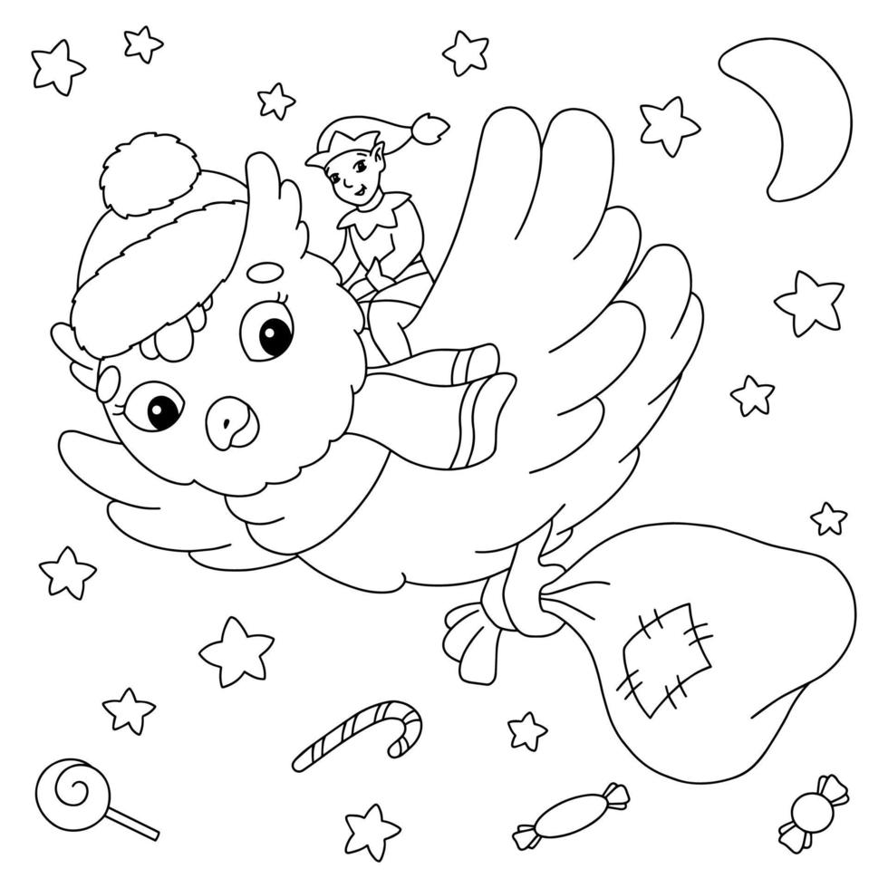The elf delivers Christmas gifts. Coloring book page for kids. Cartoon style character. Vector illustration isolated on white background.